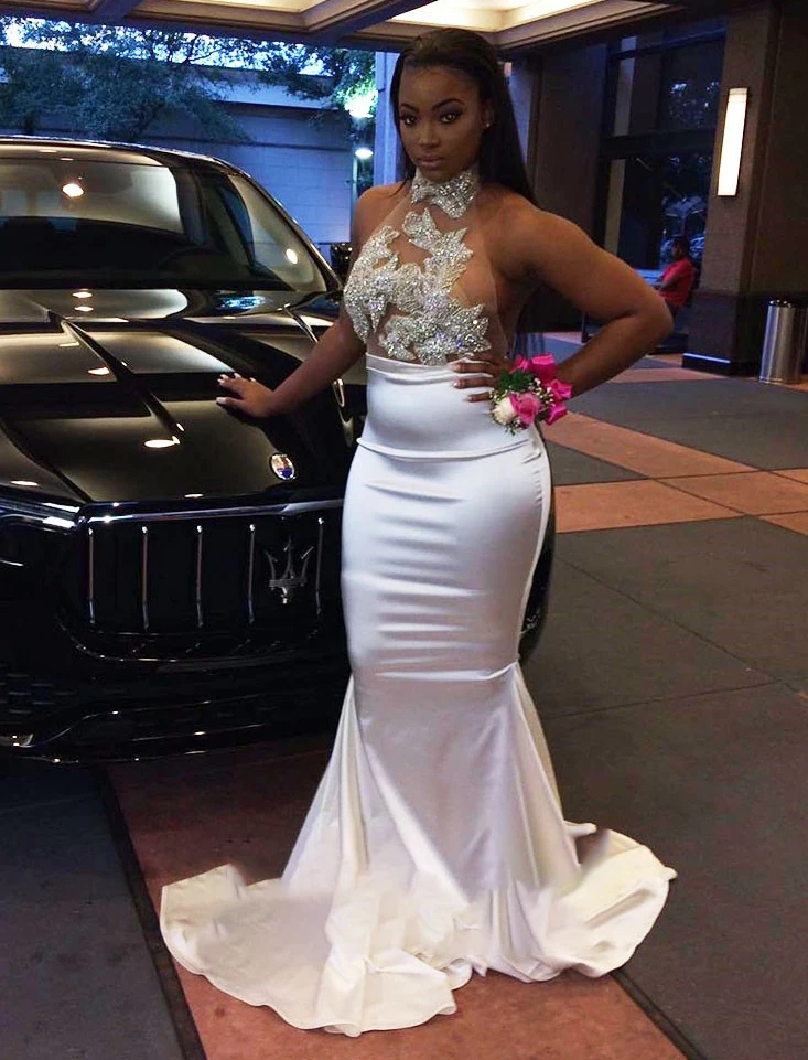 

African Black Girls White Prom Dresses Mermaid 2019 Sexy Sheer Sleeveless Beaded Top Women Stain Evening Party Gowns