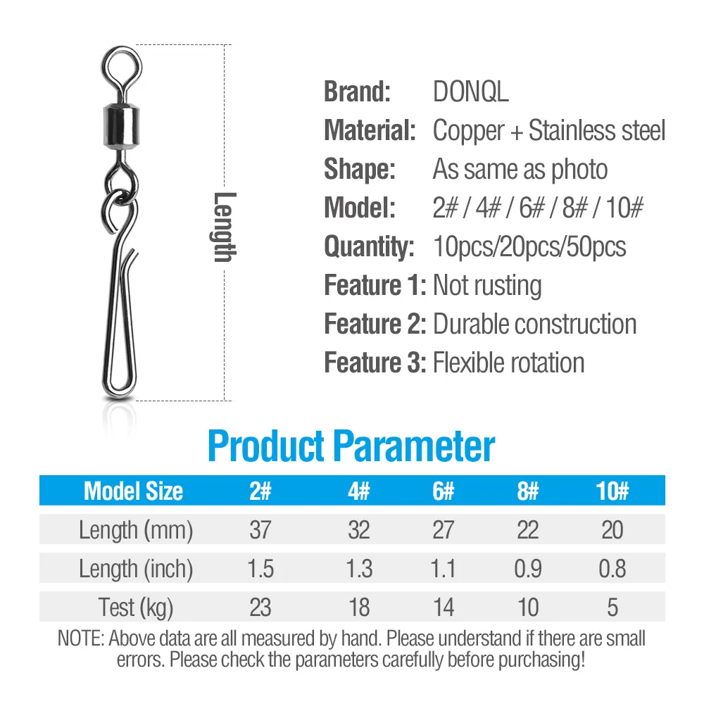 DONQL 10/20/50/лот вращающийся рыболовный Соединитель с застежкой "булавка" подшипник из нержавеющей стали с защелкой снасть для приманки на рыболовецкий крючок аксессуары