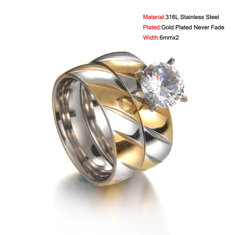 6mm x2 Romantic Wedding Ring White Zircon Gold-Color Stainless Steel Couple Rings for Lover Engagement Party Jewelry Gift