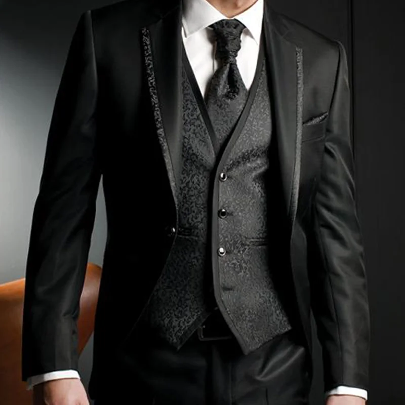 Black Harringbone Wedding Men Suits Three Piece Custom Groom Tuxedos for Evening Party 2018 Jacket Pants Vest Male Blazer Black Harringbone Wedding Men Suits Three Piece Custom Groom Tuxedos for Evening Party 2018 Jacket Pants Vest Male Blazer