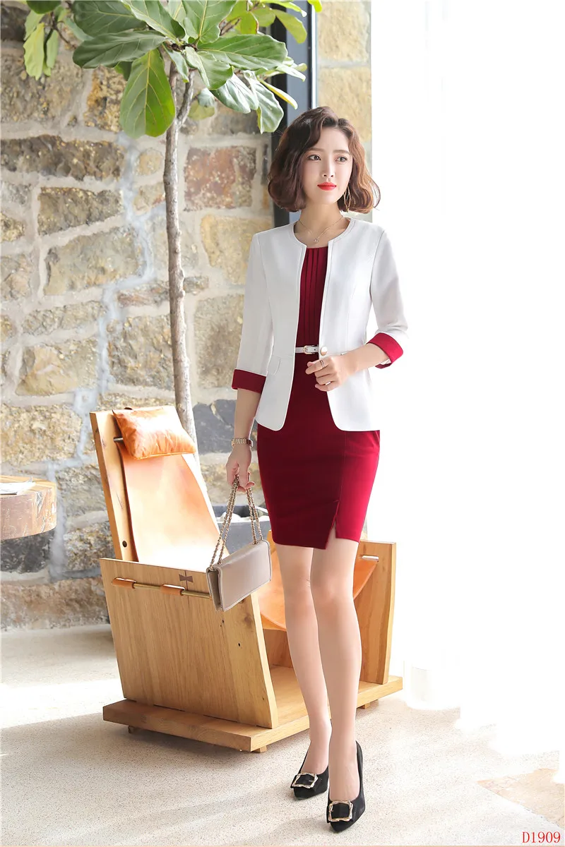 Модный белый блейзер для женщин, деловые костюмы, платье и куртка, комплект для работы, Женская Офисная форма, стиль, половина рукава