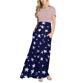 

KLV 2019 summer women's latest fashion striped flag printed short-sleeved pocket long Bohe long dress free shipping D4