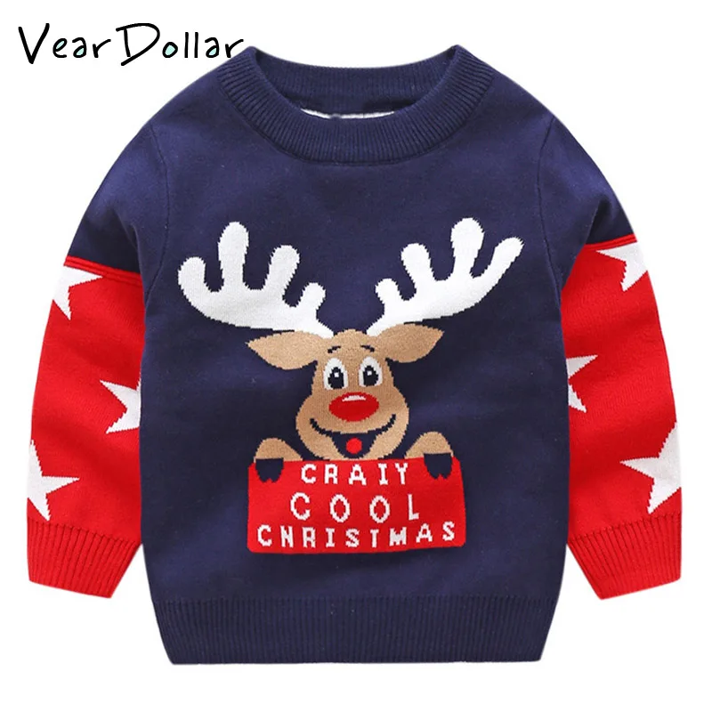 

VearDoller Children's Sweater 2018 Autumn Winter Christmas Elk Pattern Unisex Knitted Top Casual Patchwork Sleeve Kids Sweater