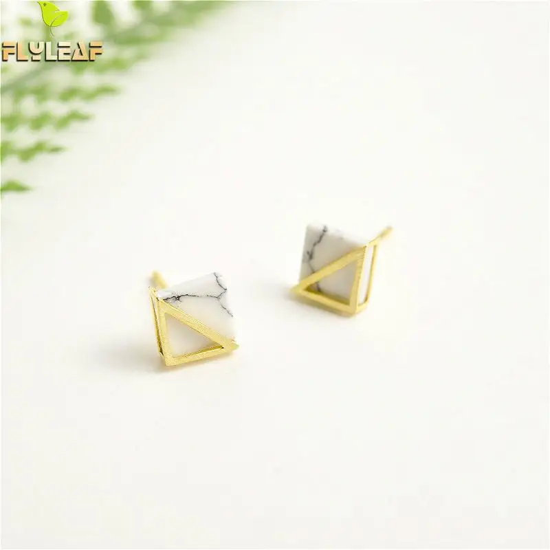 

Flyleaf 925 Sterling Silver Stud Earrings For Women Gold Geometric Square Natural Marble Simple Fashion Earings Fashion Jewelry