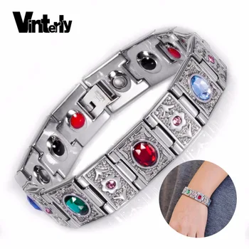 

Vinterly Magnetic Bracelet Femme Hand Chain Big Crystal Stainless Steel Bracelet Energy Germanium Magnetic Bracelets for Women