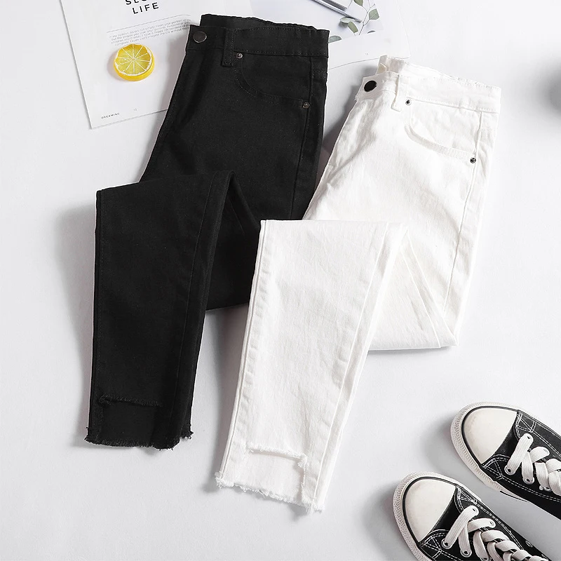 

Plus Size Streetwear White Black Jeans Woman 2019 Autumn High Waist Ripped skinny Jeans For Women Mom Jeans Pants jeans femme