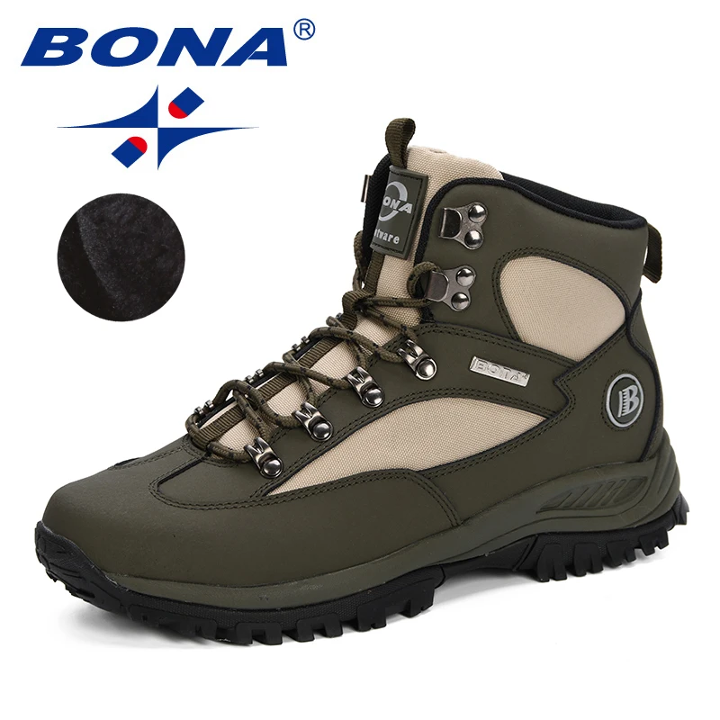 BONA 2019 Winter Real Leather Men Boots Lace Up Warm Snow Boots Men Winter Boots Work Shoes Men Footwear Rubber Ankle Shoes