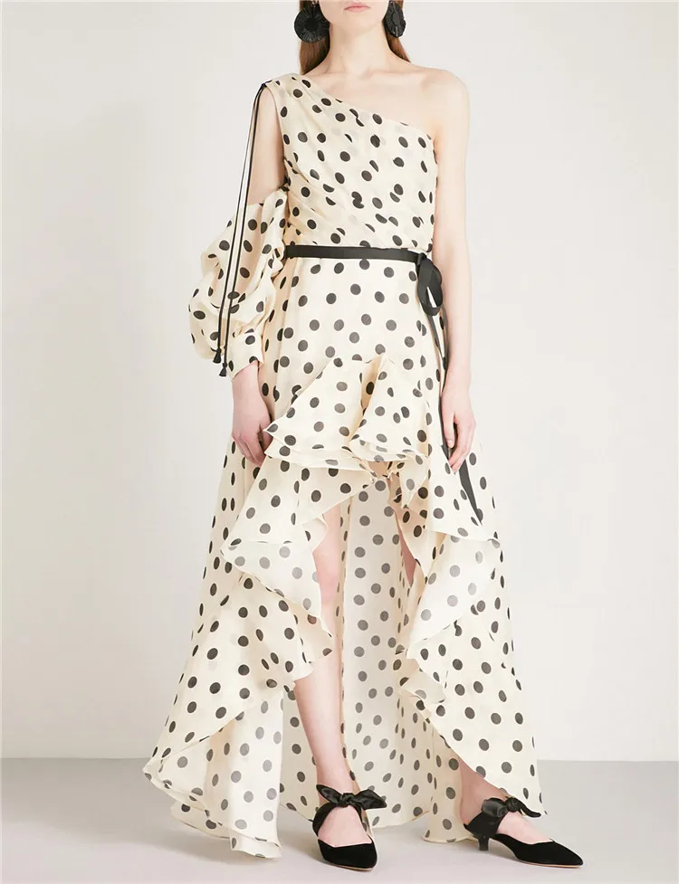 

Iiregular One Shoulder Polka Dot Chiffon Dress Long Sexy Elegant Backless Twisted Ruffles Slit Maxi Dress With Belt Summer Women