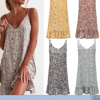 

Boho Fashion Dress Womens V-Neck Sleeveless Backless Floral Printed Ruffles Short Sling Dress Summer Casual Loose Beach Dress