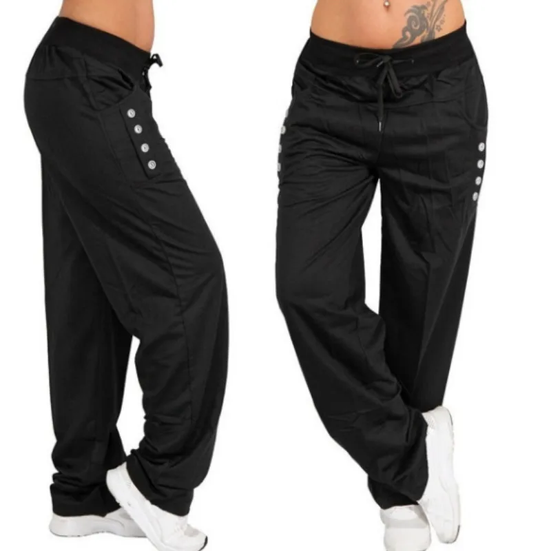 HOUZHOU S-5XL Drawstring Solid Harem Pants Women Loose Straight Ankle Length Trousers Mid Elastic Waist Plus Size Button Jogger HOUZHOU S-5XL Drawstring Solid Harem Pants Women Loose Straight Ankle Length Trousers Mid Elastic Waist Plus Size Button Jogger