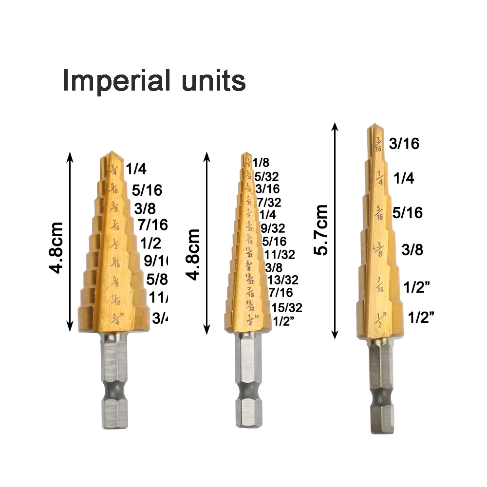 Ступенчатое сверло из быстрорежущей стали с титановым покрытием для металла 3-12 мм 4-12 мм 4-20 мм - Цвет: Imperial unit