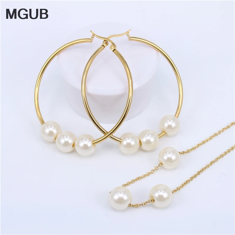 

MGUB Gold color 10 kinds of size 30mm-75mm Hoop earring Imitation pearls Pendant chain stainless steel jewelry Set LH469