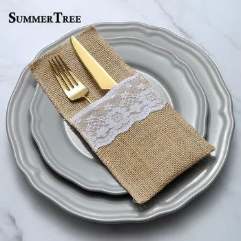 

100pcs Burlap Lace Cutlery Pouch Wedding Tableware Party SupplyHolder Bag Hessian Rustic Jute Accessories Table Decoration