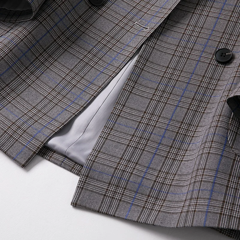 Shuchan England Style Plaid Long Woman Blazer 2019 Double Breasted Notched Blaser Feminino Women's Jacket Casaco Feminino