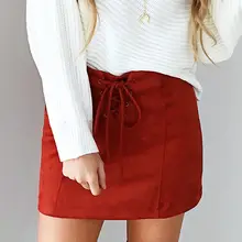 Модная повседневная Летняя женская замшевая юбка на шнуровке с высокой талией, юбки-карандаш, мини юбки-карандаш красного цвета