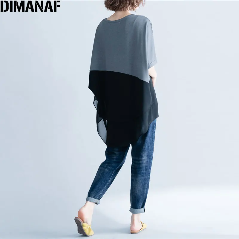 DIMANAF Women T-Shirt Summer Plus Size Chiffon Patchwork Elegant Oversized Irregular Basic Tops Female Casual Loose Tees Shirt