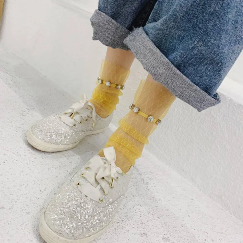 

ZZIYEETTM 1 Pair Summer Socks Ladies Transparent Fashion Lace Shiny Rhinestone Mesh Socks Women Short Harajuku Grid Pattern Sock