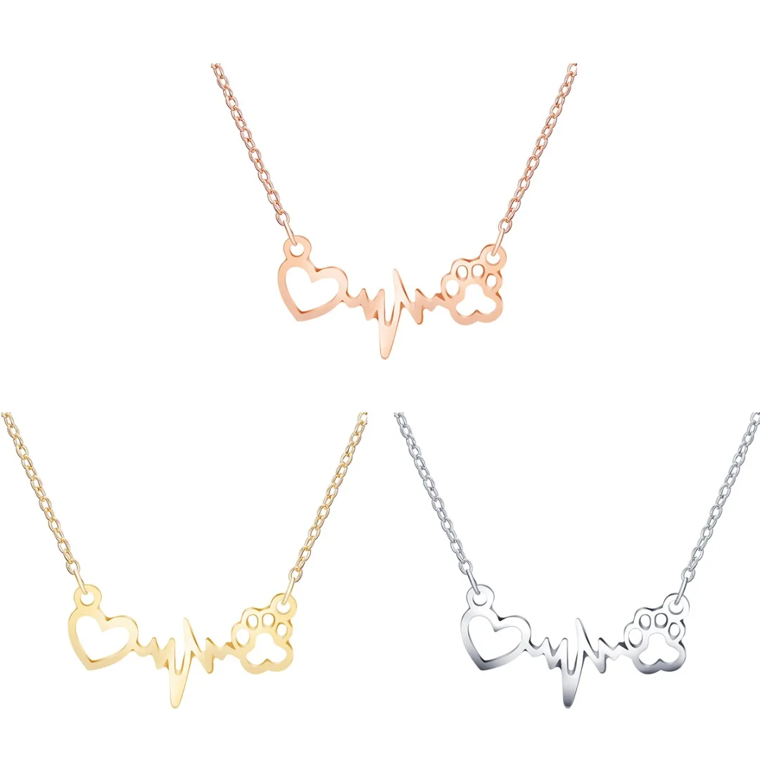 Trendy Cat Dog Paw Heart Heartbeat Electrocardiogram Pendant Necklace Elegant Chain Lovely Animal Jewelry Gifts For Women
