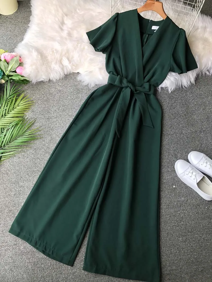 

NiceMix 2019 Fashion V Neck Bandage Jumpsuit Casual Sexy Women Summer Tie Long High Waist Romper Full Length Sashes Solid Overal