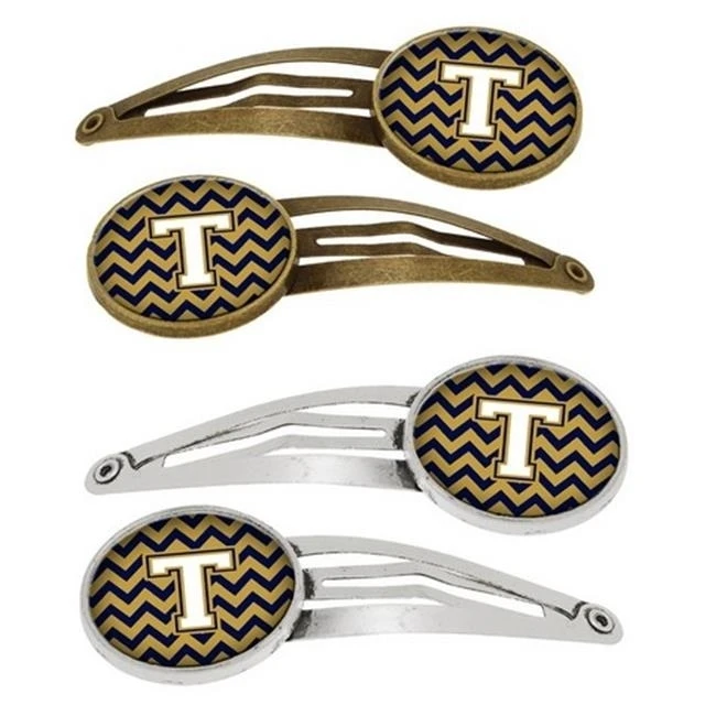 Carolines Treasures CJ1057-THCS4 Letter T Chevron Navy Blue & Gold Barrettes Hair Clips Set of 4