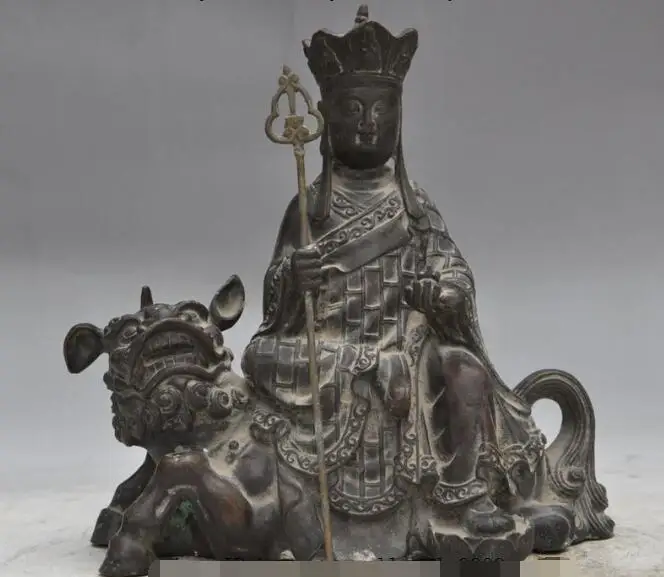 

S00066 9"old china bronze tangseng monk jizo Ksitigarbha ride foo dog lion beast statue (B0413)