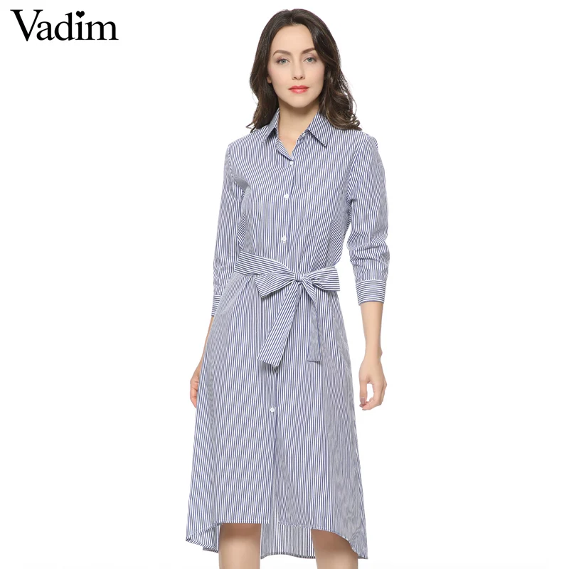 

women elegant striped long shirts three quarter sleeve one pocket free sashes blouse summer casual tops blusas LT970