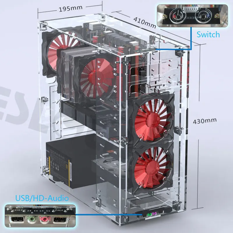 Новейшие L500 настольные компьютеры все прозрачные акриловые вертикальные Micro/ATX компьютерные корпуса башни из оргстекла USB3.0/аудио Hands-on в сборе