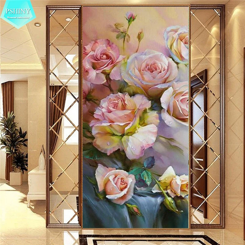 

PSHINY 5D DIY Diamond embroidery bloom pink rose flower pictures Full mosaic kit square rhinestone diamond painting cross stich