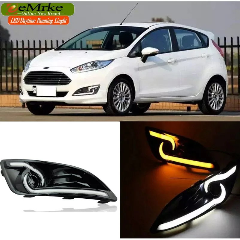 

eeMrke Car LED DRL For Ford Fiesta 2013 2014 High Power Xenon White Yellow Turn Signal Fog Cover Daytime Running Lights Kits