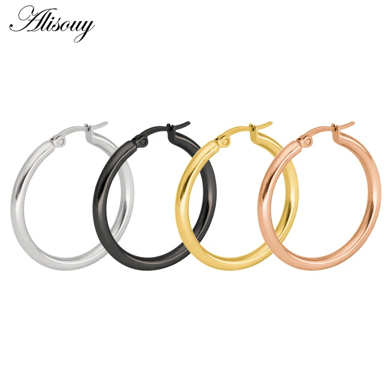 

Alisouy Gold color Stainless Steel Earrings Women Small or Big Round Circle Hoop Earrings Party Rock Jewelry 5 colors wholesale