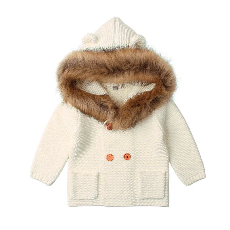 LILIGIRL/зимняя теплая одежда для маленьких девочек 2 лет г. Вязаный кардиган с капюшоном и мехом для мальчиков, верхняя одежда для детей, модный вязаный свитер, куртка