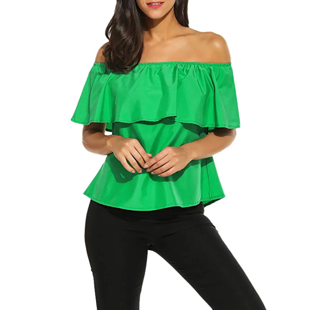 

Vogue Ropa Mujer 2019 Women's Off Shoulder Ruffles Solid Casual Woman Tshirt Top Loose Shirt Tops Green Chiffon Female T-Shirt
