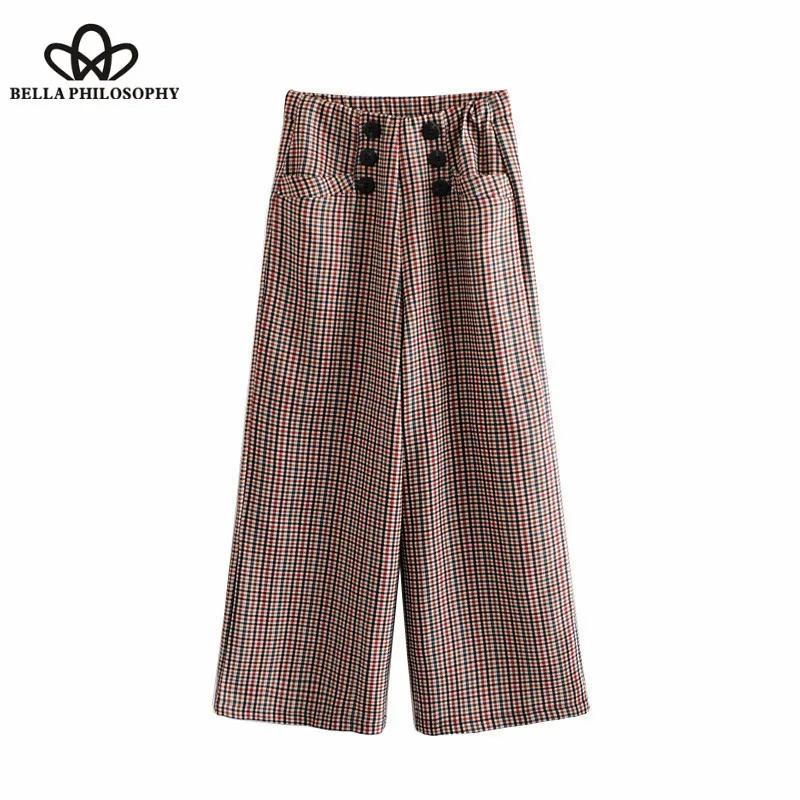 Wonder 2018 new Vintage Chic Buttoned Plaid Wide Leg Pants High Elastic Waist Pockets Ladies Trousers Casual Pantalones Femme