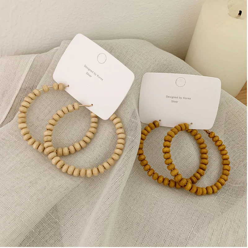 

Korean Earrings Round Wooden Beads Wooden Geometric Bohemian Ethnic Style Fashion Women Ear Rings 2019 Summer Vacation Jewelry
