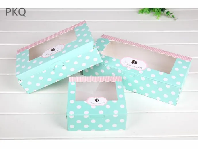 

5Pcs Paper Gift Box With Window Wedding Party Kraft Paper Box white dots Cake Food Packaging box blue Candy Cookies Cupcake box