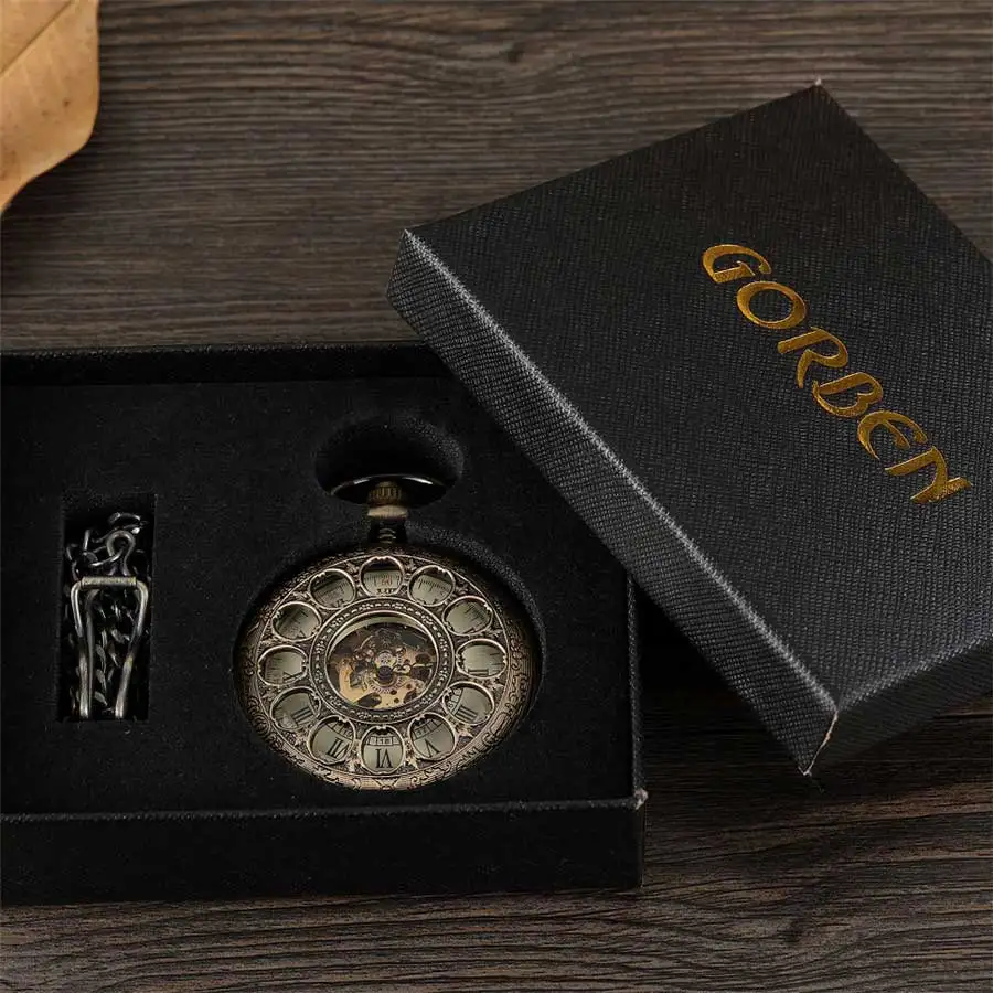 Бронзовые полые винтажные Механические карманные часы для мужчин Скелет резьба стимпанк брелок наручные часы с цепочкой ожерелье для женщин и мужчин подарок - Цвет: Bronze with box