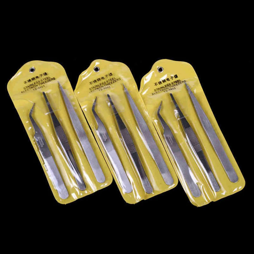 

3pcs/Set Stainless Steel Tweezers Hand Tweezers Electronic Components Tweezers Maintenance Repair Tools Pointed/Elbow/Straight