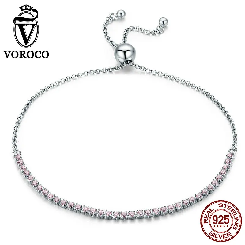 

VOROCO Brilliant CZ Adjustable Bangle Women 100% Pure 925 Sterling Silver Geometric Bracelet Female Elegant Charm Jewelry BKB045