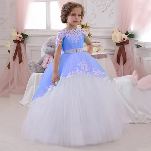 Cheap Ball Gown Blue and White Lace Flower Girl Dresses 2016 Cheap Plus