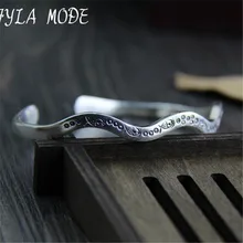 Fyla Mode 999 Sterling Silver Retro Carved Fish Bangle Handmade Thai Silver Wave Shape Pattern Open Bangle Bracelet WT025