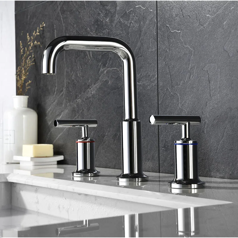 2019 100 Soild Brass Double Handles Bathroom Basin Water Mixer