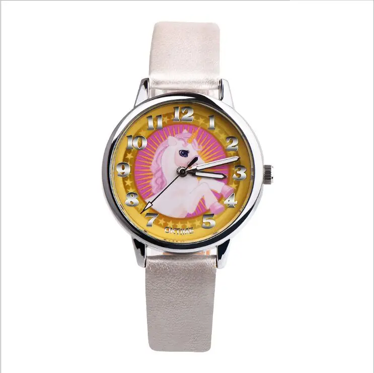 Модные милые детские часы с изображением животных единорога для девочек, кварцевые детские часы для мальчиков, студентов, наручные часы, часы - Цвет: silver