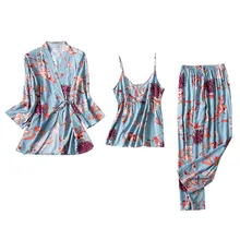 Женская пижама с принтом пижамы длинные брюки Ночное белье 3 шт. комплект Ночная рубашка Модные женские пижамы шифоновое платье комплект 40al30