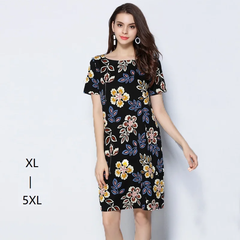 Zwarte Basis Bloemenprint Mini Jurk Vintage Zomerjurk 2017 Plus Size 4Xl 5Xl Vrouwen Casual Tuniek Slanke Jurk Verse Chiffon Gewaad