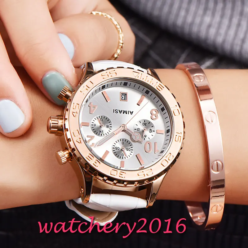 

relogio feminino 42.3mm AIMASI white dial rose golden plated case Quartz movement Women's New WristWatch
