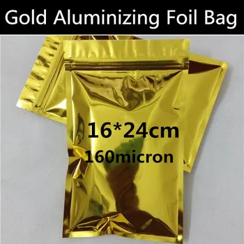 

100pcs 16x24cm (6.3'' * 9.4'') 160mic Glossy Gold Aluminizing Foil Packaging Bag Zip Lock Plastic Packing Bag