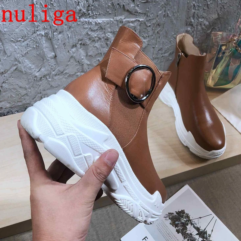 

Nuliga natural genuine leather motorcycle boots round toe metal buckle decoration flat platform woman Winter ankle boots L09
