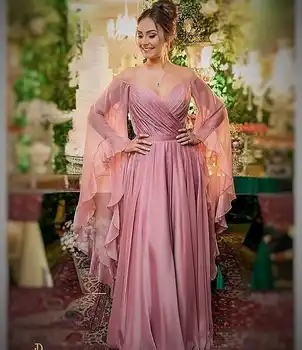 

Deep V Neck Prom Dress Long Floating Sleeves A Line Formal Evening Dresses Satin Simple Plus Size Custom Long Party Gowns