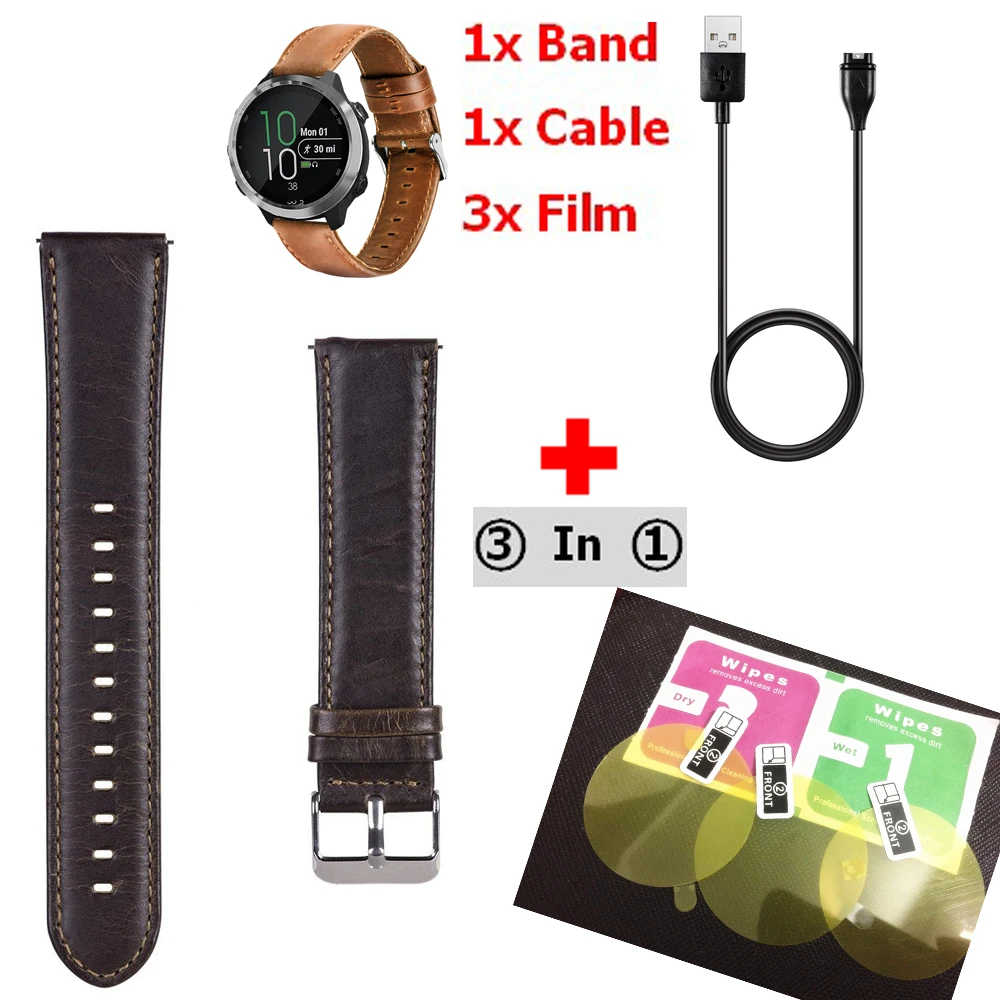 

3 In1 Leather Wrist Band Strap for Garmin Vivoactive 3 USB Charger Charging Cable + Protective film for Garmin Vivoactive3 Watch