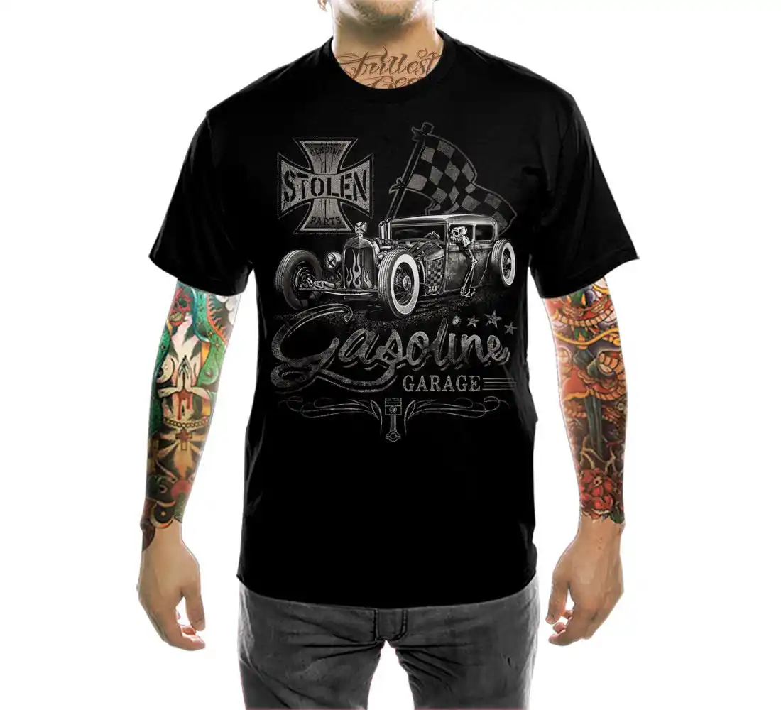 Hot Road Gasoline Car Mens PRINTED T-SHIRT Racer Classic Vintage Speedy